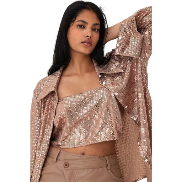 C/MEO Collective Rose Gold Sequin Crop Top NWT XS Party Holiday Glam - Picture 2 of 6